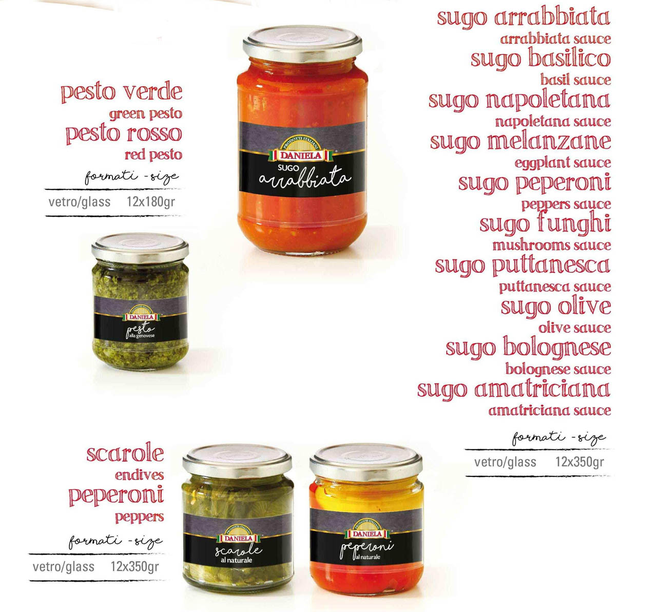 Italian sauces and condiments for pasta in glass jars