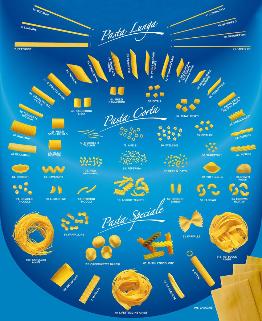 Italian short and long pasta and spaghetti durum whaet
