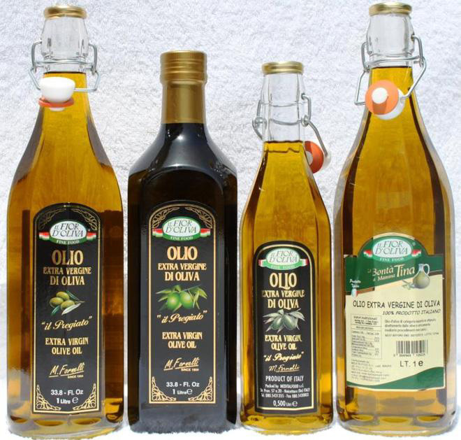 Italian extra virgin olive oil in glass bottles